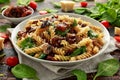 Fusilli Pasta with sun dried tomatoes, mushrooms, parmesan cheese and spinach. healthy food. Royalty Free Stock Photo