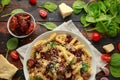 Fusilli Pasta with sun dried tomatoes, mushrooms, parmesan cheese and spinach. healthy food. Royalty Free Stock Photo