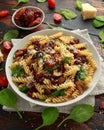 Fusilli Pasta with sun dried tomatoes, mushrooms, parmesan cheese and spinach. healthy food. Royalty Free Stock Photo