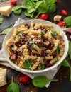 Fusilli Pasta with sun dried tomatoes, mushrooms, parmesan cheese and spinach. healthy food. Royalty Free Stock Photo