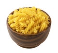 Fusilli pasta in wooden bowl isolated on white background Royalty Free Stock Photo