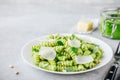 Fusilli pesto pasta with pine nuts, basil leaves and parmesan cheese