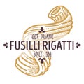 Fusilli rigatti pasta type, Italian culinary traditions label Royalty Free Stock Photo