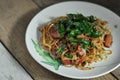 Fusion food, Chili chinese noodle and bacon mixs hot basil