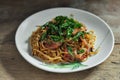 Fusion food, Chili chinese noodle and bacon mixs hot basil