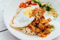 Fusion food Rice bowl toppings kimchi pork, organic fried egg, Korean eggplant and salad Royalty Free Stock Photo