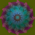 MANDALA FLOWER. PLAIN OLIVE BACKGROUND. LINEAR CENTRAL DESIGN. FLOWER IN GREEN, PURPLE, VIOLET, BLUE.