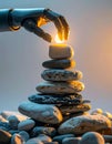 Robotic Hand Ignites a Balanced Stone Cairn Royalty Free Stock Photo