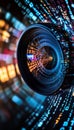 The fusion of technology and visual media a camera lens capturing a stream of binary code