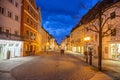 Shops and restaurants open late at night around quiet downtown of Fussen, Germany