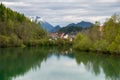 Fussen, romantic Bavarian city in Germany, reflective view on ri Royalty Free Stock Photo