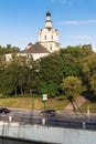 View of the Andronikov Monastery and roadway of the river Yauza quay on the clear summer evening, Moscow, Russia.