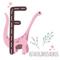 Futalognkosaurus.Letter F with reptile name.Hand drawn cute herbivores dinosaur.Educational prehistoric illustration.Dino alphabet