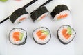 Futomaki, salmon and avocado. Traditional japanese sushi rolls Royalty Free Stock Photo