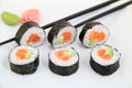 Futomaki, salmon and avocado. Traditional japanese sushi rolls Royalty Free Stock Photo