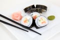 Futomaki, salmon and avocado. Traditional japanese sushi rolls Royalty Free Stock Photo