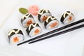 Futomaki with salmon. Traditional japanese sushi rolls Royalty Free Stock Photo