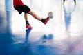 Futsal player shoot ball to goal. Indoor soccer sports hall. Foo Royalty Free Stock Photo