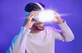 Future of ai, man with vr headset and digital transformation for metaverse experience in technology. Person streaming Royalty Free Stock Photo