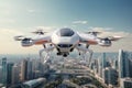 Future of Air Transportation: Futuristic Manned Passenger Drone Soaring Over Modern City.