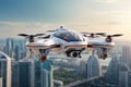 Future of Air Transportation: Futuristic Manned Passenger Drone Soaring Over Modern City.