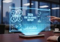 Future analytics report holographic display shows business growth projections and data analysis Royalty Free Stock Photo