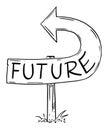 Future Arrow Sign Bent Backward, Showing Wrong Direction, Moving Back to Past Again, Repeating History. Vector Cartoon