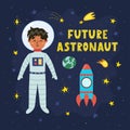 Future Astronaut print with cute boy astronaut. Funny card in cartoon style