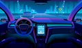 Future autonomous vehicle, driverless car interior with obstacles and night landscape outside. Futuristic car assistant