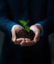 The future of business is in safe hands. a businessman holding a plant growing in soil. Royalty Free Stock Photo