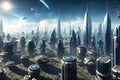 Future city 3D scene. Futuristic cityscape illustration with fantastic skyscrapers, towers, tall buildings, flying vehicles.