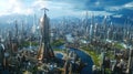 Future city 3D scene. Futuristic cityscape illustration with fantastic skyscrapers, towers, tall buildings, flying vehicles