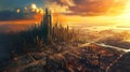 Future city 3D scene. Futuristic cityscape illustration with fantastic skyscrapers, towers, tall buildings, flying vehicles.