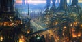 Future city 3D scene. Futuristic cityscape illustration with fantastic skyscrapers, towers, tall buildings, flying vehicles. Sci