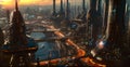 Future city 3D scene. Futuristic cityscape illustration with fantastic skyscrapers, towers, tall buildings, flying vehicles. Sci