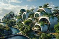 A future city designed to be resilient to climate change, with green infrastructure and sustainable urban planning