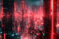 future city. futuristic city with neon lights and tall buildings. smart, technological city.