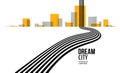 Future city on a horizon with highway road fast going to it vector abstract background, metropolis skyline with speed highway, Royalty Free Stock Photo