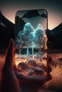 Future Communication: AI Generated Dream of a Smartphone Holographic Technology in a Forest - A Visionary Display of the