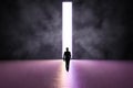 Future concept with black man silhouette heading on glossy purple shades concrete floor to white glowing door hole in dark wall.