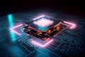 Neon meets Cloud: A Futuristic 3D rendering of High-Tech IoT Circuit board and Cloud Computing technology