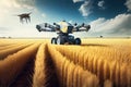 Future farm life, heat field with HD drones, robots, satellites and tractors. Ai generative