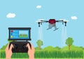 The future of farming: Farmer controls the use of drones to spray fertilizer on green pastures. Agricultural technology innovation