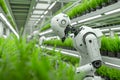 Future farming Robot farmers represent agriculture technology and farm automation