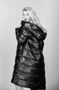 future fashion. girl in puffed coat. faux fur fashion. flu and cold. seasonal fashion. woman in padded warm coat. beauty