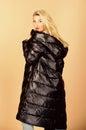 Future fashion. girl in puffed coat. faux fur fashion. flu and cold. seasonal fashion. woman in padded warm coat. beauty
