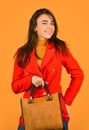 The future of fashion. Stylish female accessories. beautiful woman holding bag. Autumn trendy outfit woman. leather Royalty Free Stock Photo