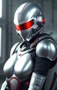 Future female soldier in cybernetic metal full body armor, superhero fantastic and futuristic background. Generative Ai