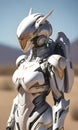 Future female soldier in cybernetic metal full body armor, superhero fantastic and futuristic background. Generative Ai