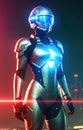 Future female soldier in cybernetic metal full body armor, superhero fantastic and futuristic background. Generative Ai